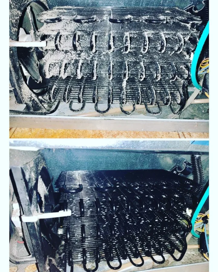 Refrigerator condenser coils deep lint cleaning before and after comparison in Alpharetta home
