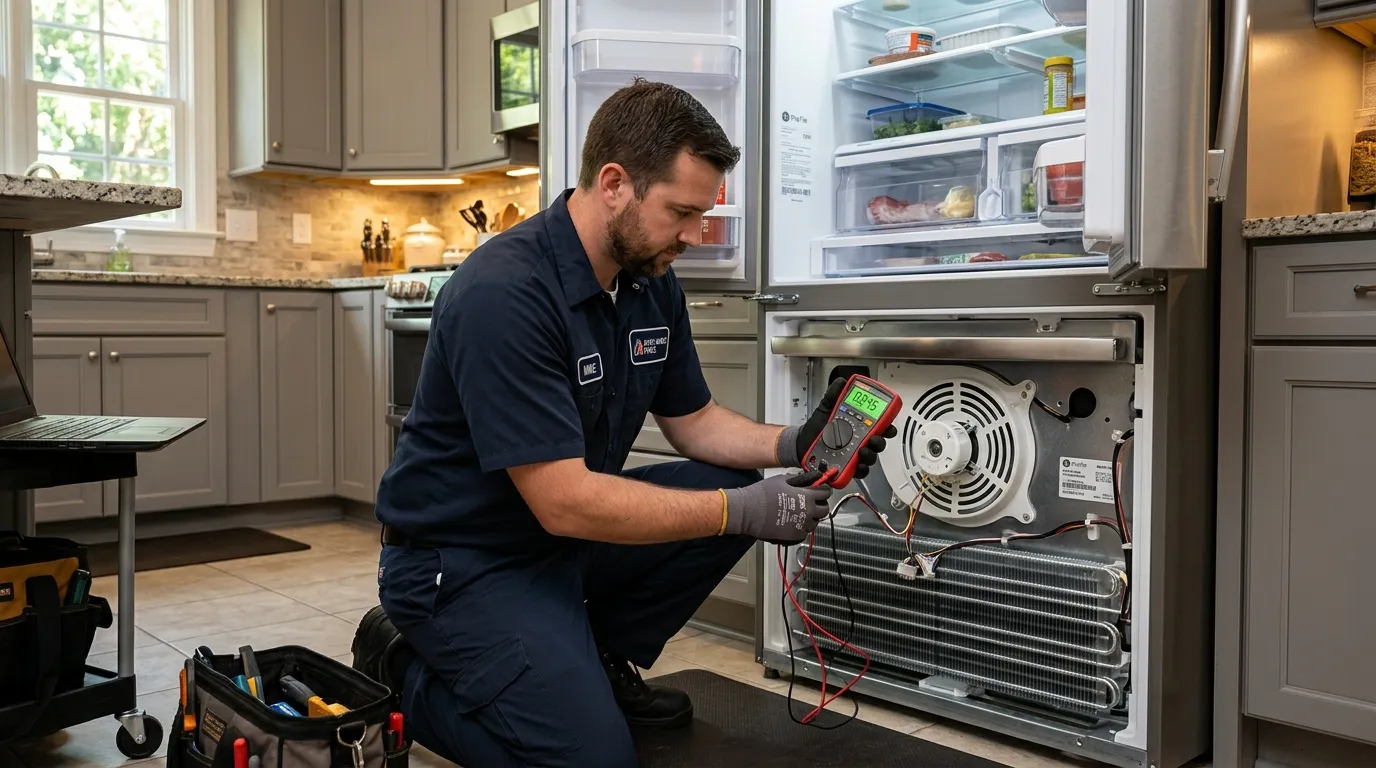 Technician testing GE Profile refrigerator evaporator fan motor in Alpharetta GA
