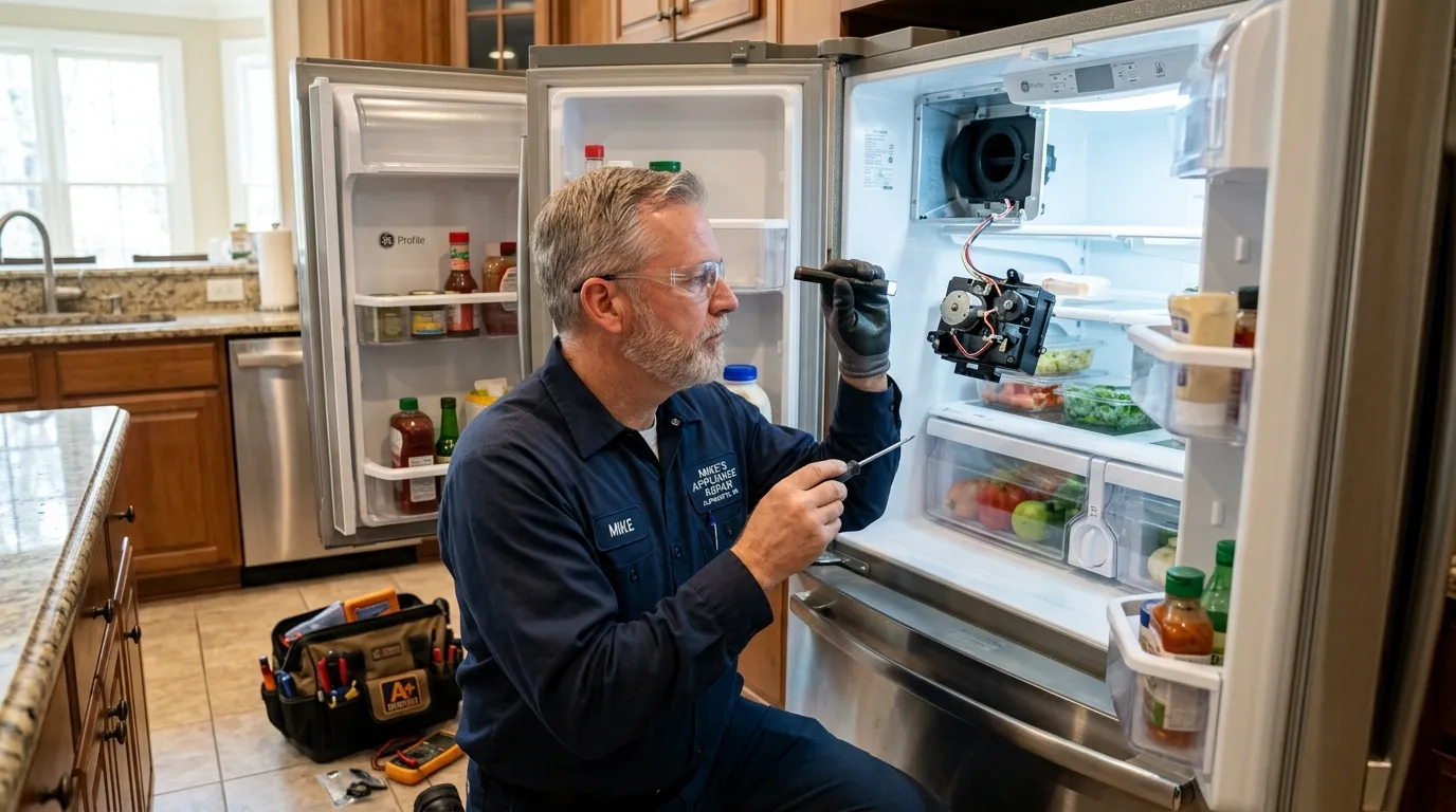 Master technician inspecting GE Profile damper control assembly Roswell GA