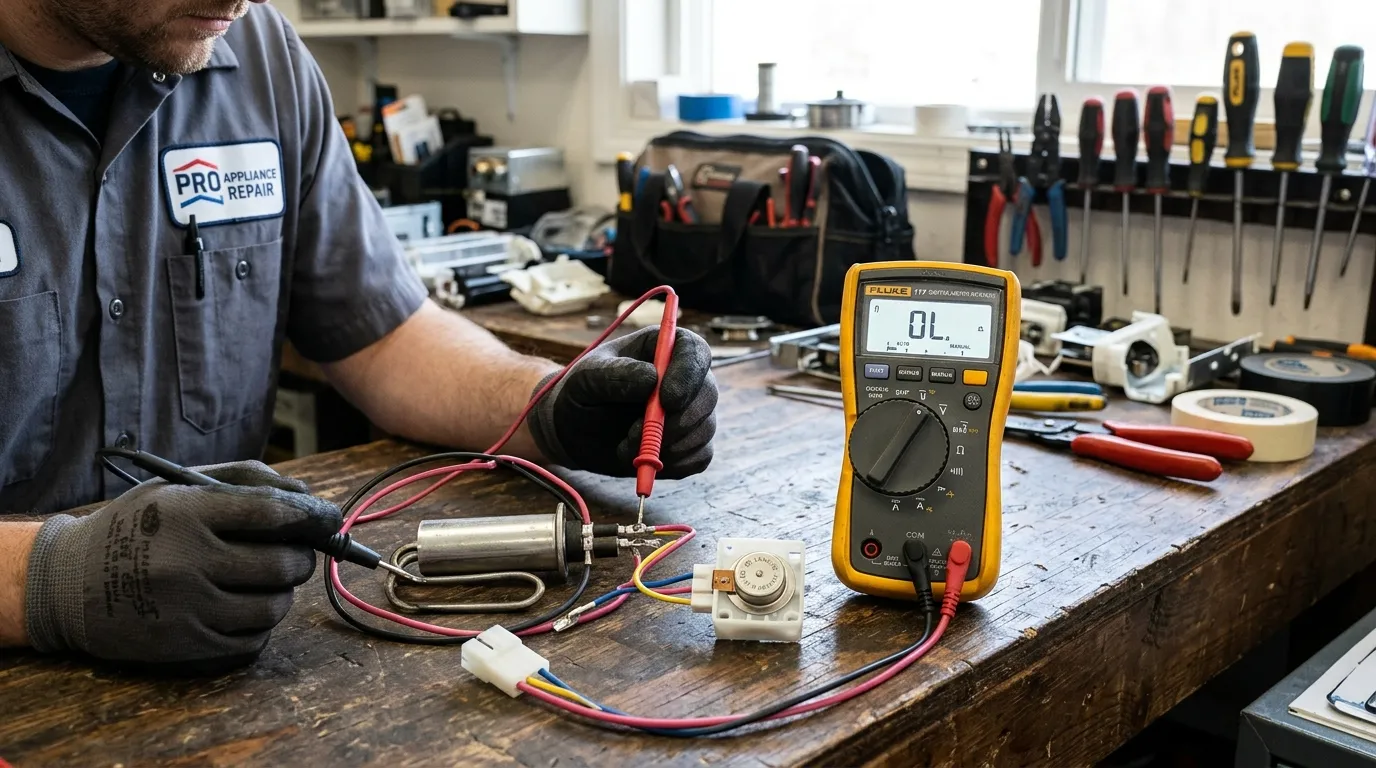 Multimeter resistance test on GE Profile defrost heater assembly Johns Creek GA