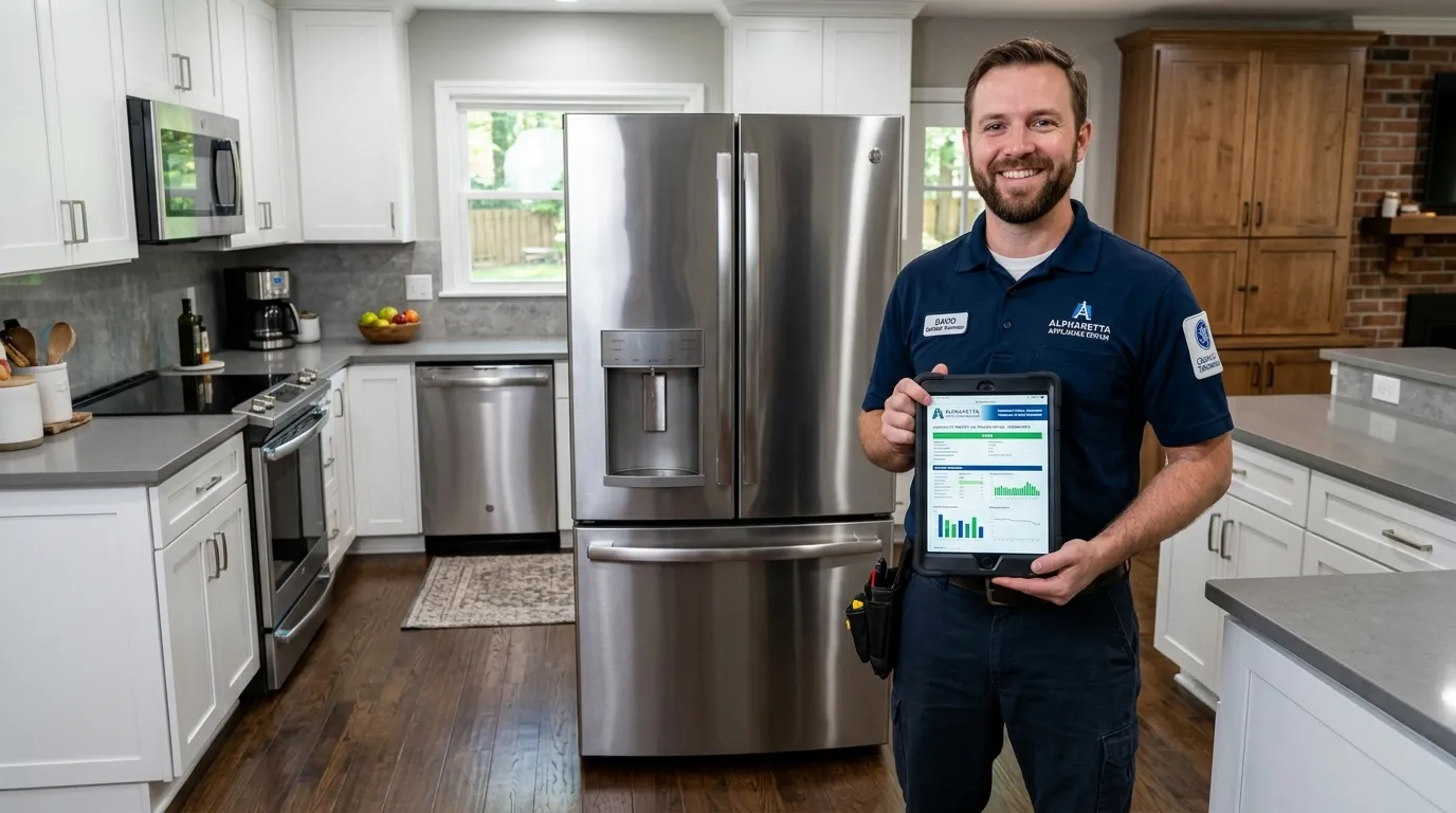 Certified appliance repair technician with GE Profile refrigerator in Alpharetta GA