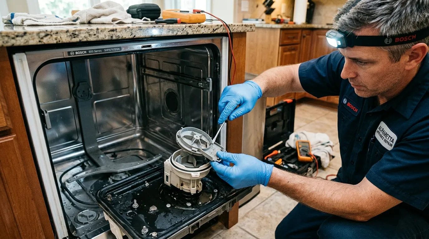 KitchenAid dishwasher pump cleanout and sump filter inspection Alpharetta GA