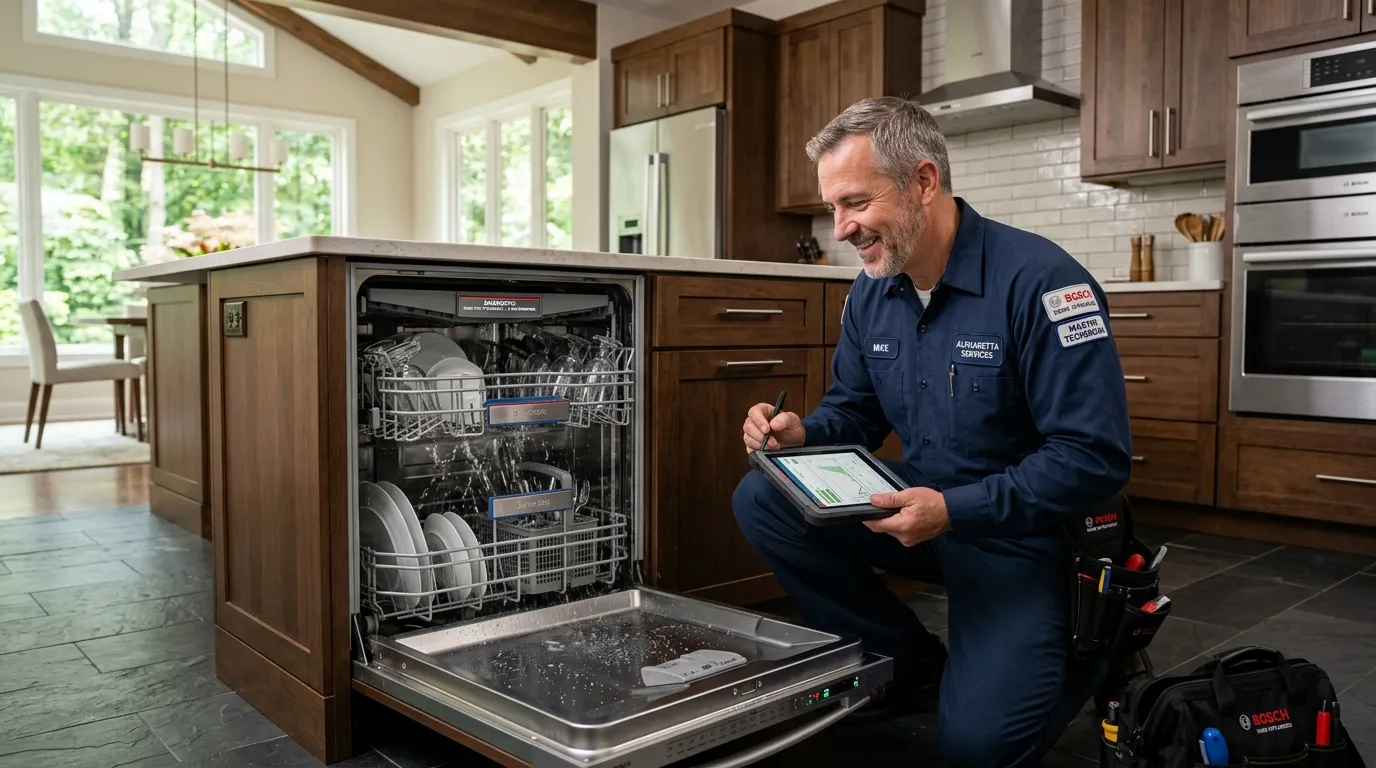 Certified technician conducting cycle test on KitchenAid dishwasher Roswell GA