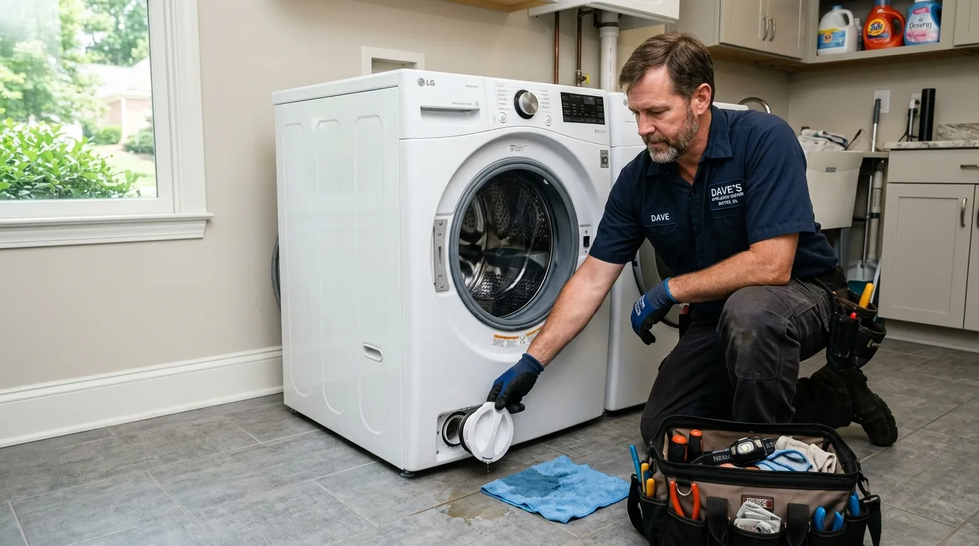 Technician opening LG front load washer drain pump filter coin trap in Milton GA