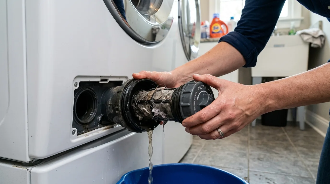 Cleaning lint and coins debris from LG washer drain filter assembly in Milton GA