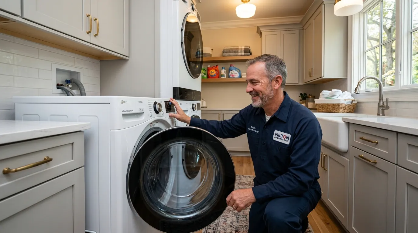 Master technician testing spin cycle on Samsung washer Milton GA