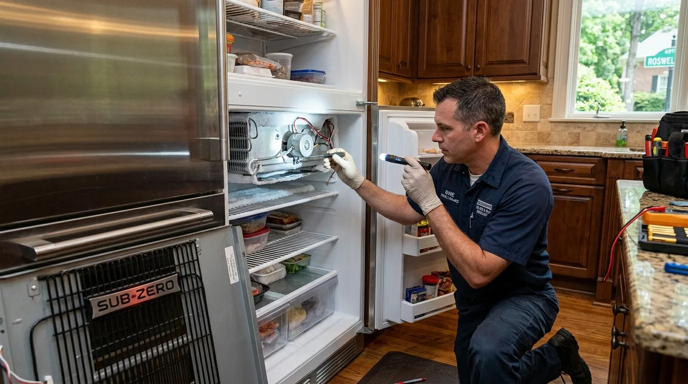 Inspecting Sub-Zero evaporator fan motor blades in refrigerator section in Roswell GA