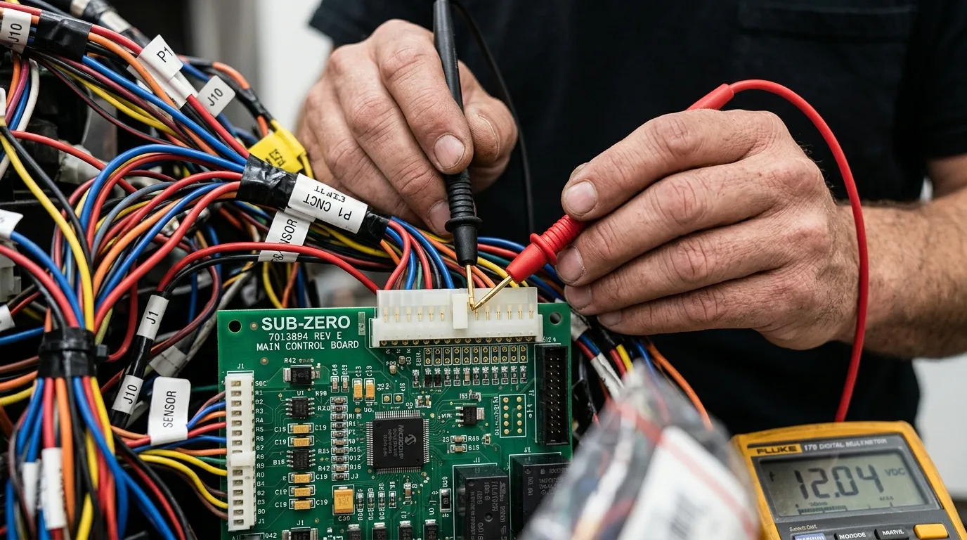 Multimeter reading voltage supply to Sub-Zero fan motor connector in Roswell GA