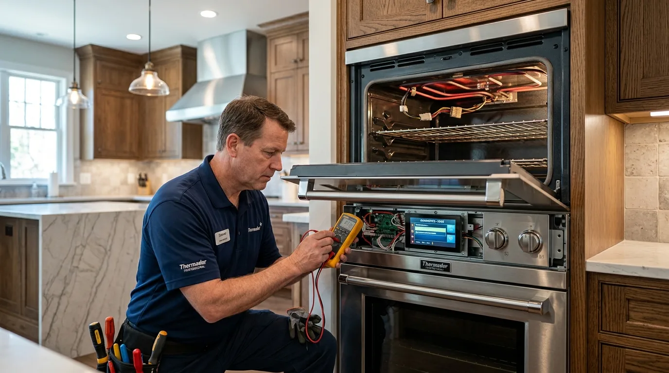 Testing steady blue flame ignition on reassembled Thermador burner head in Johns Creek GA