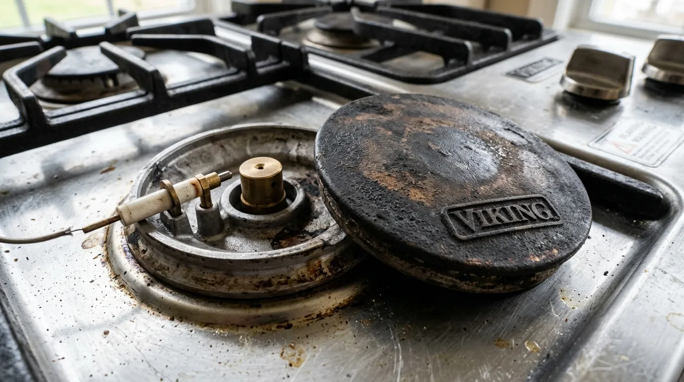 Viking gas cooktop ceramic igniter pin and burner cap cleanout Alpharetta GA