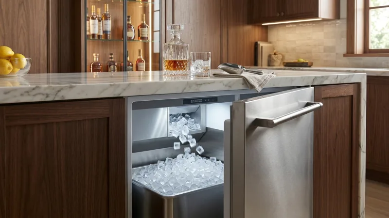 Restored commercial ice maker storage bin filled with crystal clear square ice cubes in Milton GA