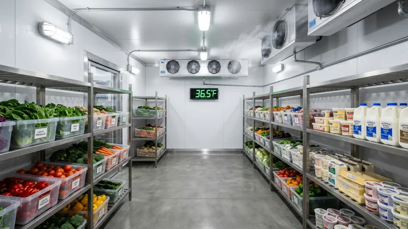 Restored commercial walk in cooler interior reading 36.5 degrees Fahrenheit in Alpharetta GA