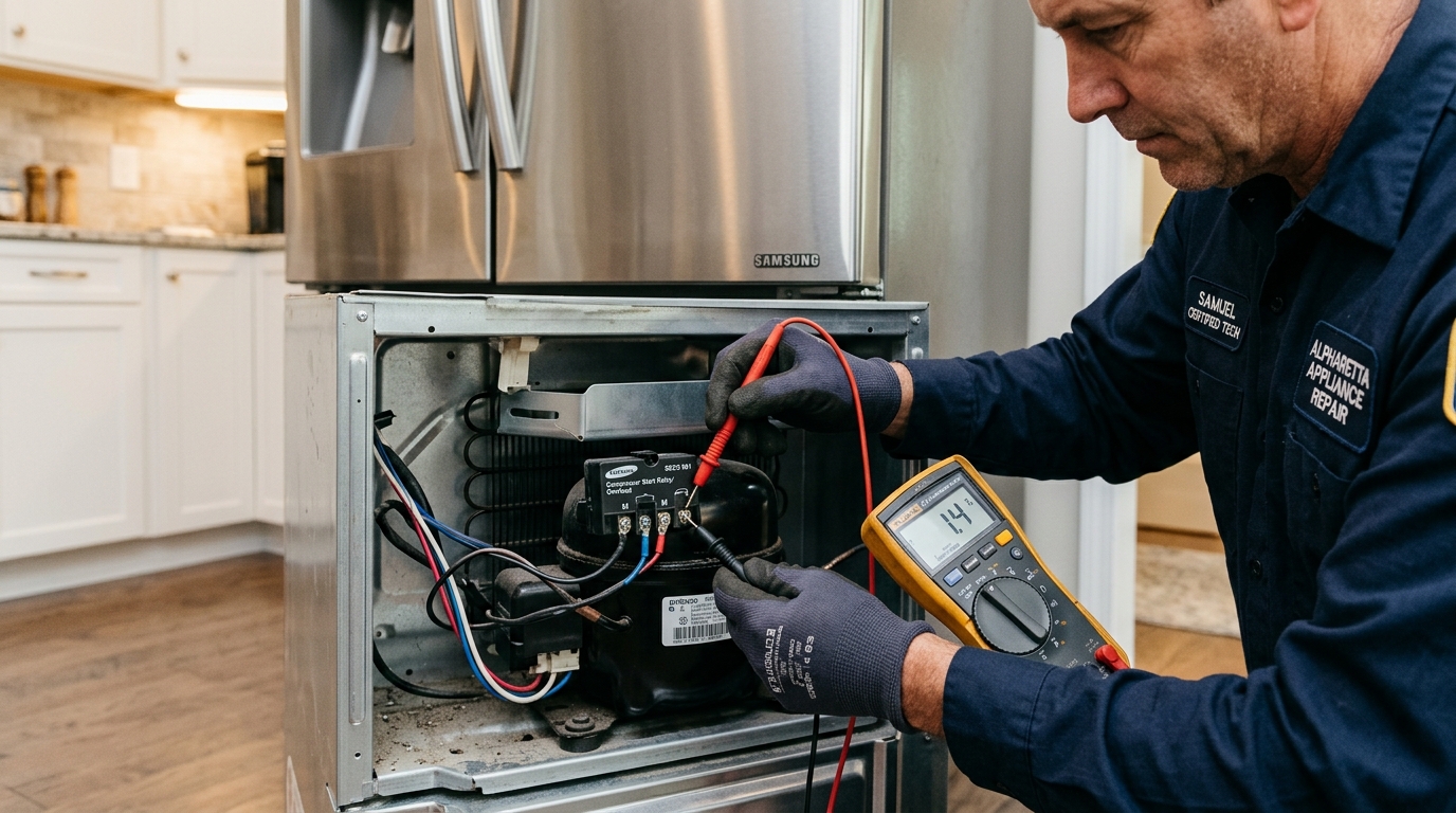 Professional appliance technician testing compressor start relay