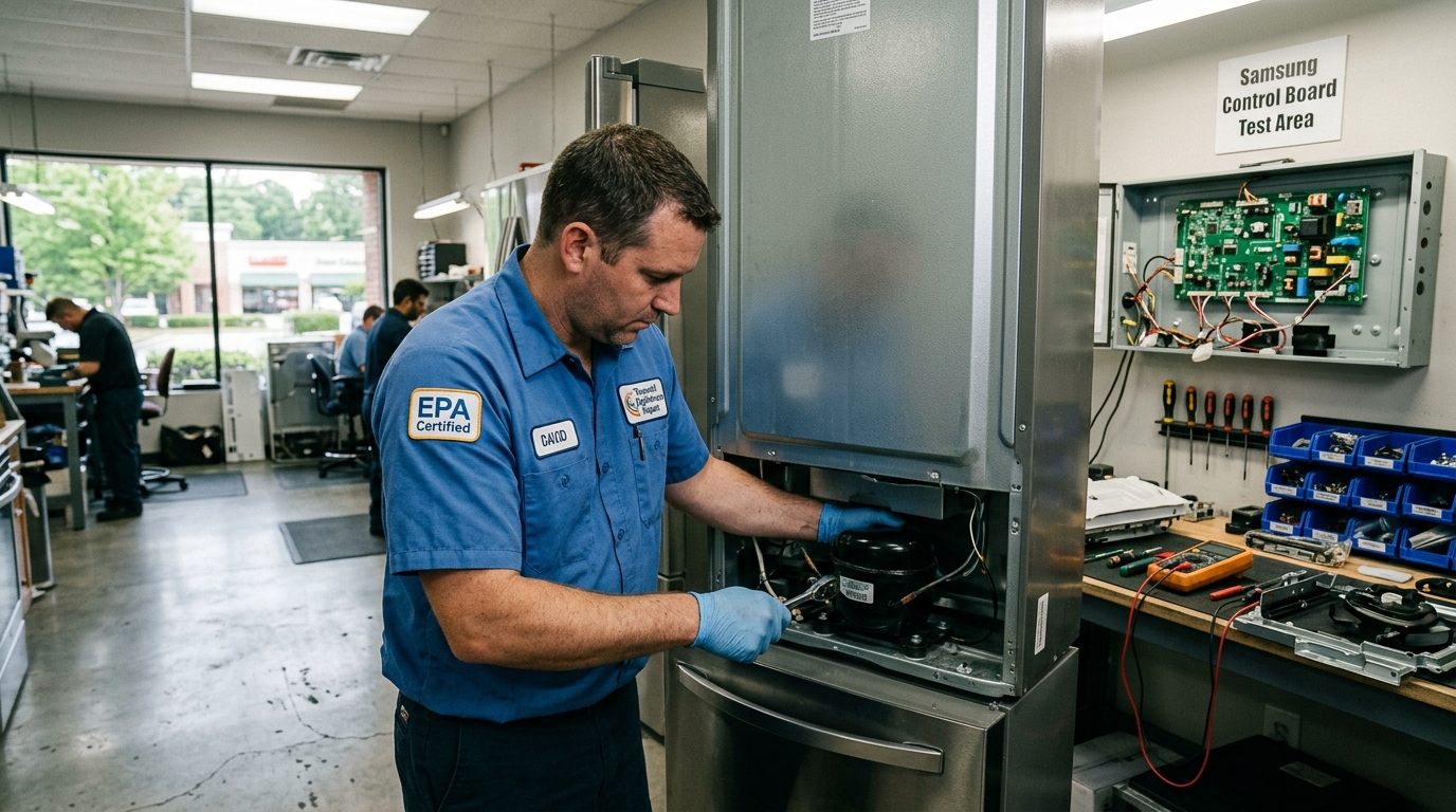 Samsung refrigerator condenser fan motor being removed by EPA certified technician
