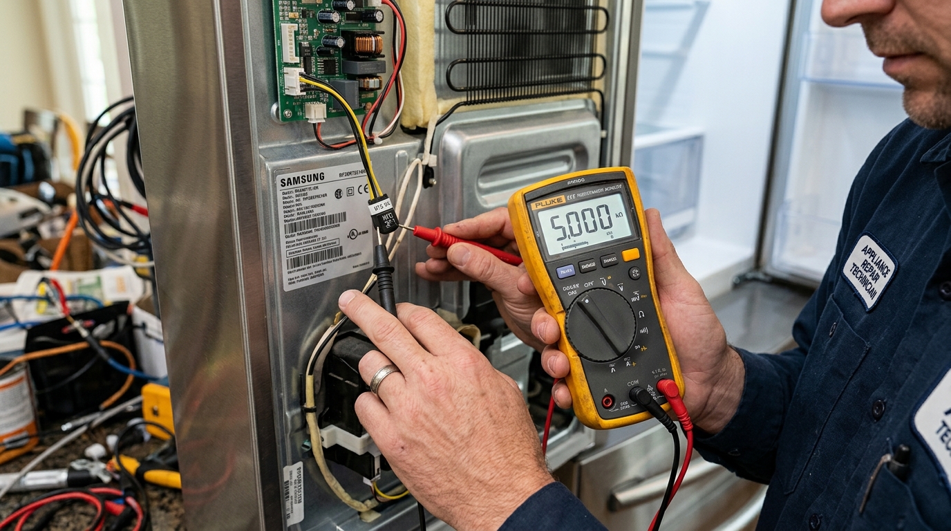 Testing thermistor sensor with multimeter showing resistance reading