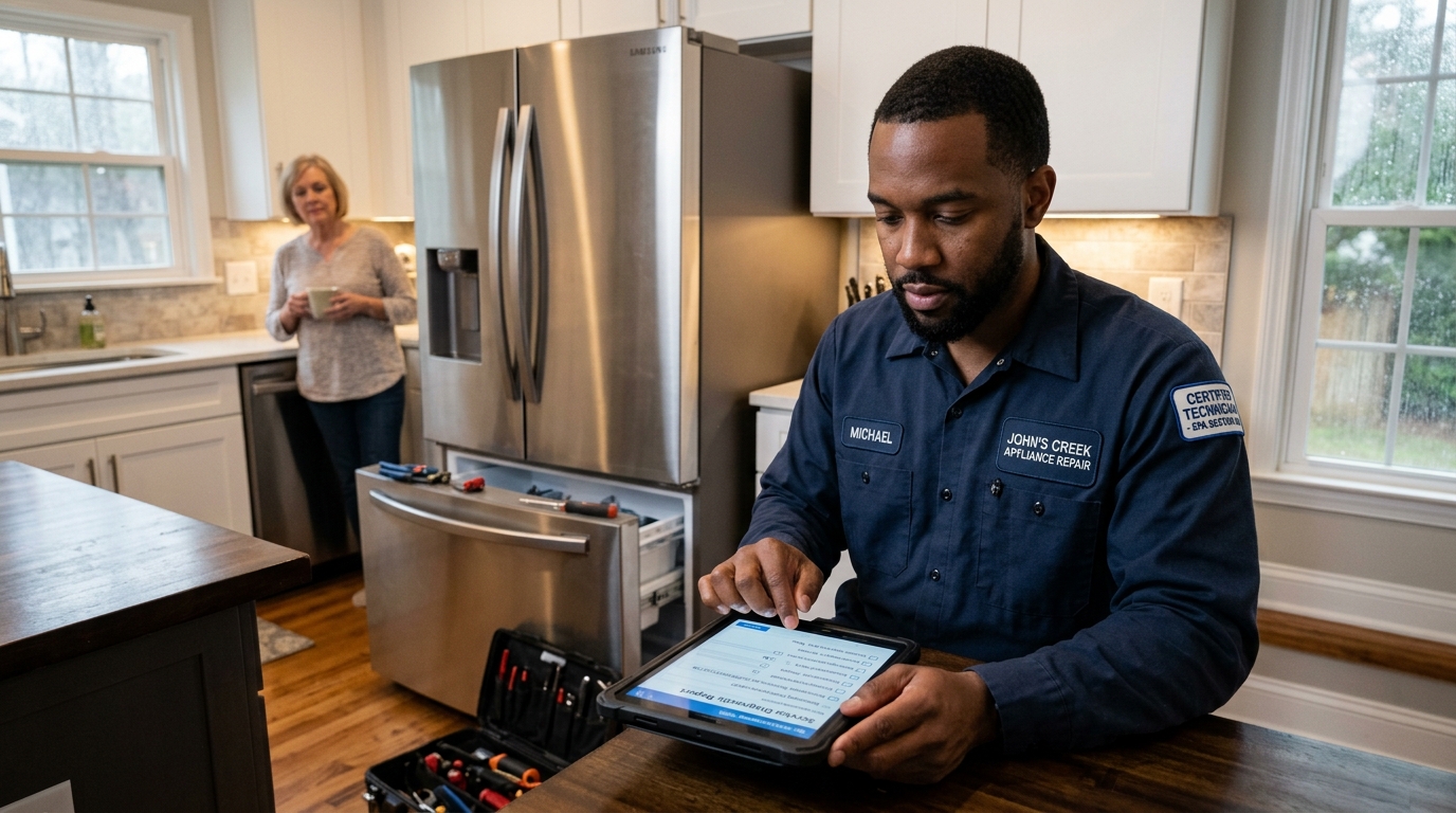 Certified appliance repair technician completing Samsung refrigerator repair diagnostic report