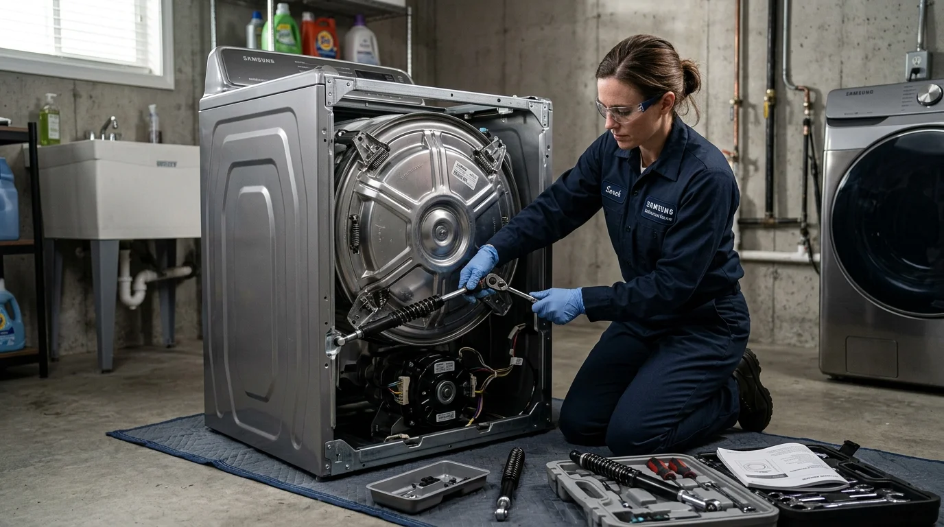 Professional appliance repair technician completing Samsung washer repair in Alpharetta GA