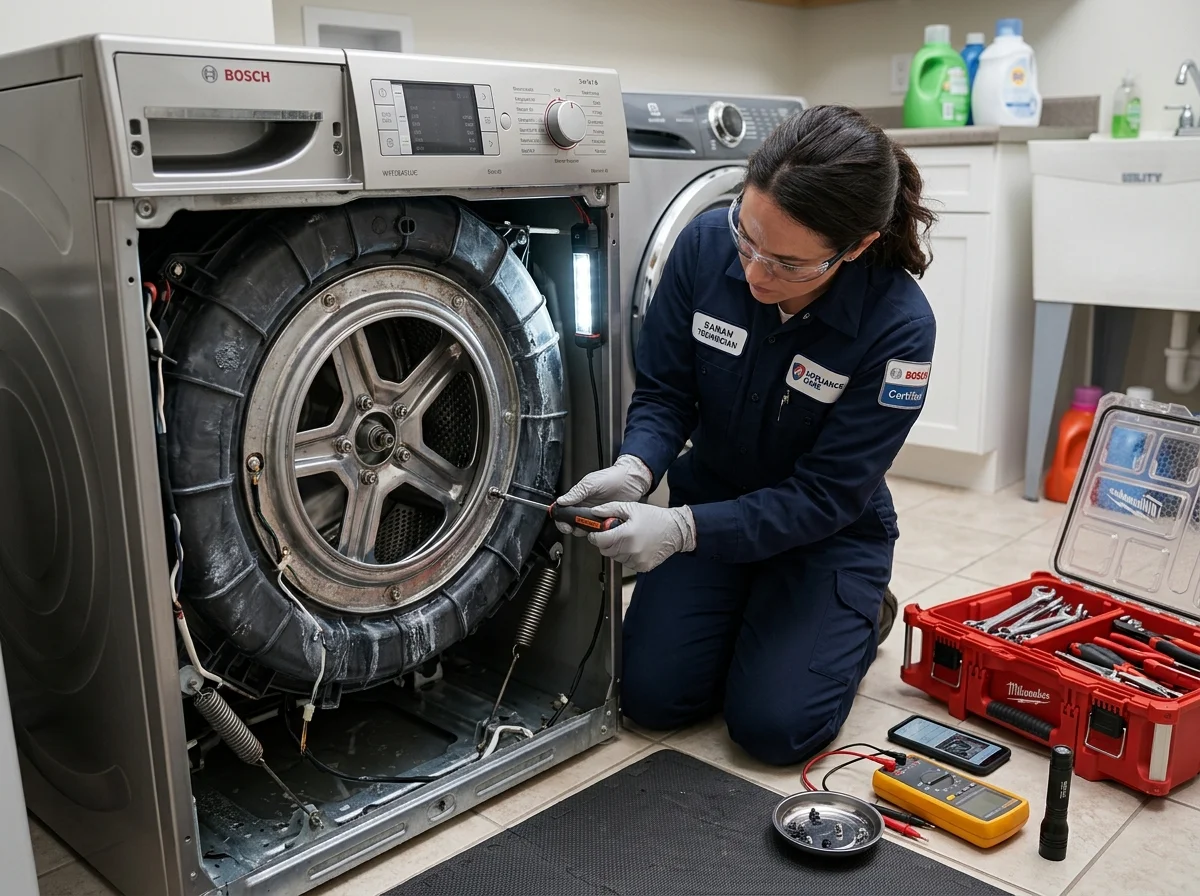 Master technician analyzing Samsung WA50R5400AV washer parts cost in Alpharetta GA