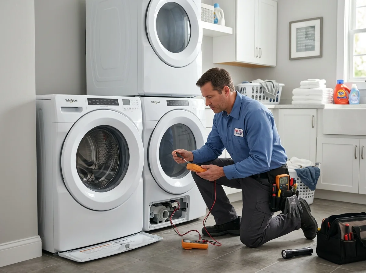 EPA certified technician using diagnostic tools on Samsung washer control board in Milton GA