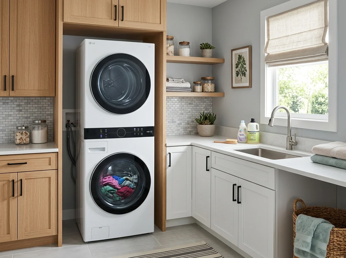 Adjusting washing machine leveling feet in Roswell GA home kitchen