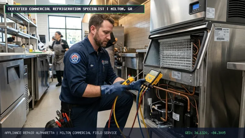 Certified commercial refrigeration technician inspecting Scotsman nugget ice machine evaporator assembly in Milton GA