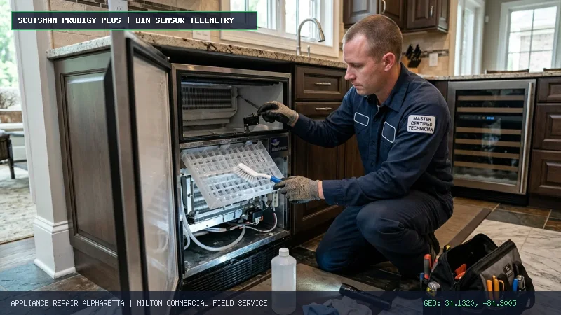 Scotsman commercial nugget ice machine bin sensor stuck full troubleshooting Milton GA