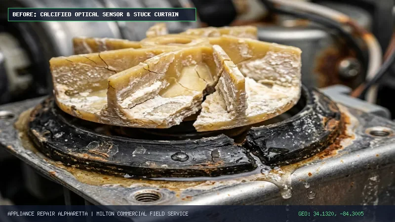 Calcified Scotsman ice machine optical bin sensor lens coated in lime scale and yeast biofilm Milton GA