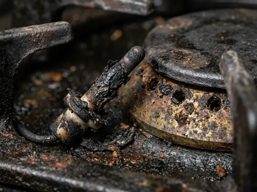 Corroded and carbon-encrusted commercial gas range pilot burner assembly before repair