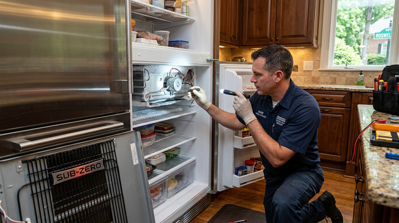 Appliance technician inspecting evaporator fan motor inside Sub-Zero built-in freezer Roswell GA