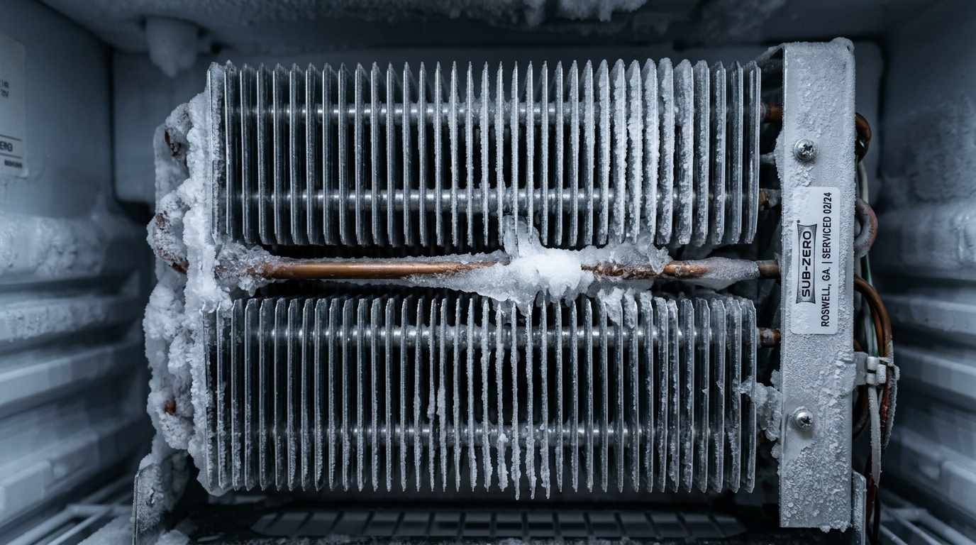 Close up shot of aluminum evaporator coil fins with frost buildup inside Sub-Zero freezer Roswell GA