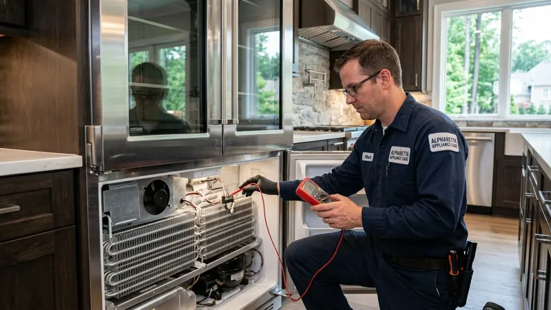 Commercial refrigeration technician measuring head pressure with digital manifold gauges on Traulsen unit in Milton GA