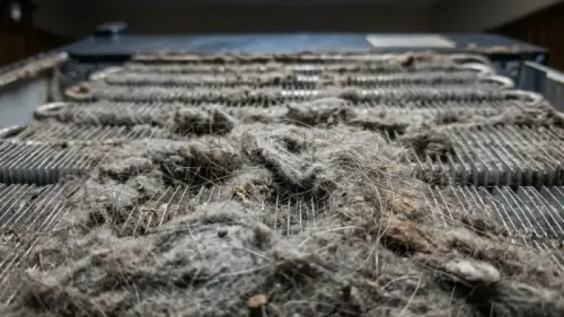 Traulsen commercial refrigerator condenser coil matted with grease before cleaning in Milton GA