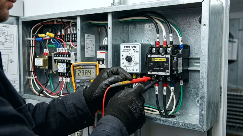 Commercial refrigeration technician using Fluke multimeter to test Turbo Air temperature sensor in Milton GA