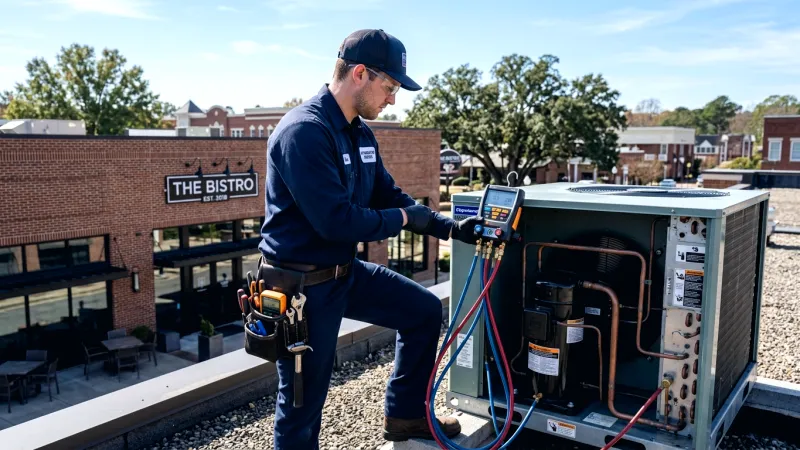 Commercial refrigeration technician repairing Turbo Air refrigerator temperature sensor error in Milton GA