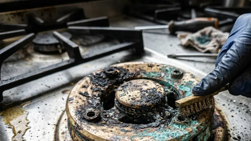 Failed Luxury Wolf / Viking Style Dual-Stacked Sealed Gas Burner Head Before Repair in Tyrone GA