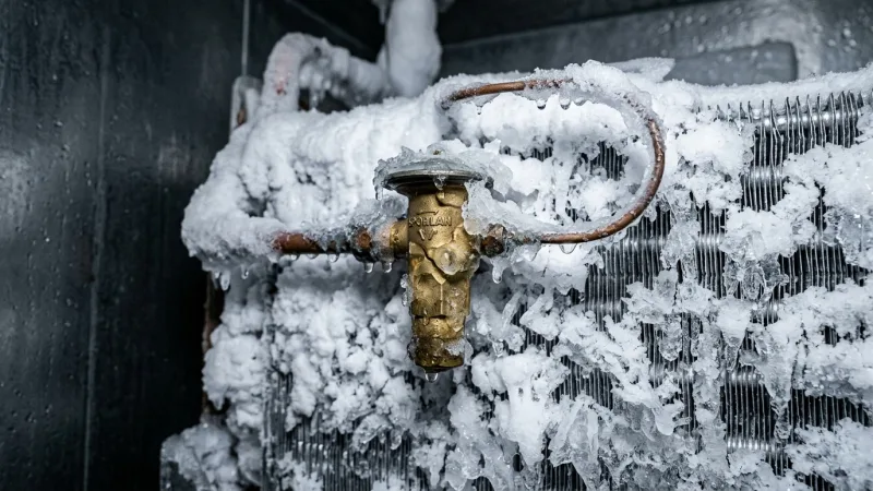 Heavily frosted walk in cooler evaporator coil and iced Sporlan TXV before repair