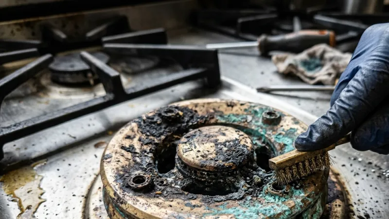 Failed Precision Dual-Flow Gas Burner Head & Ceramic Spark Electrode Before Repair in Warm Springs GA