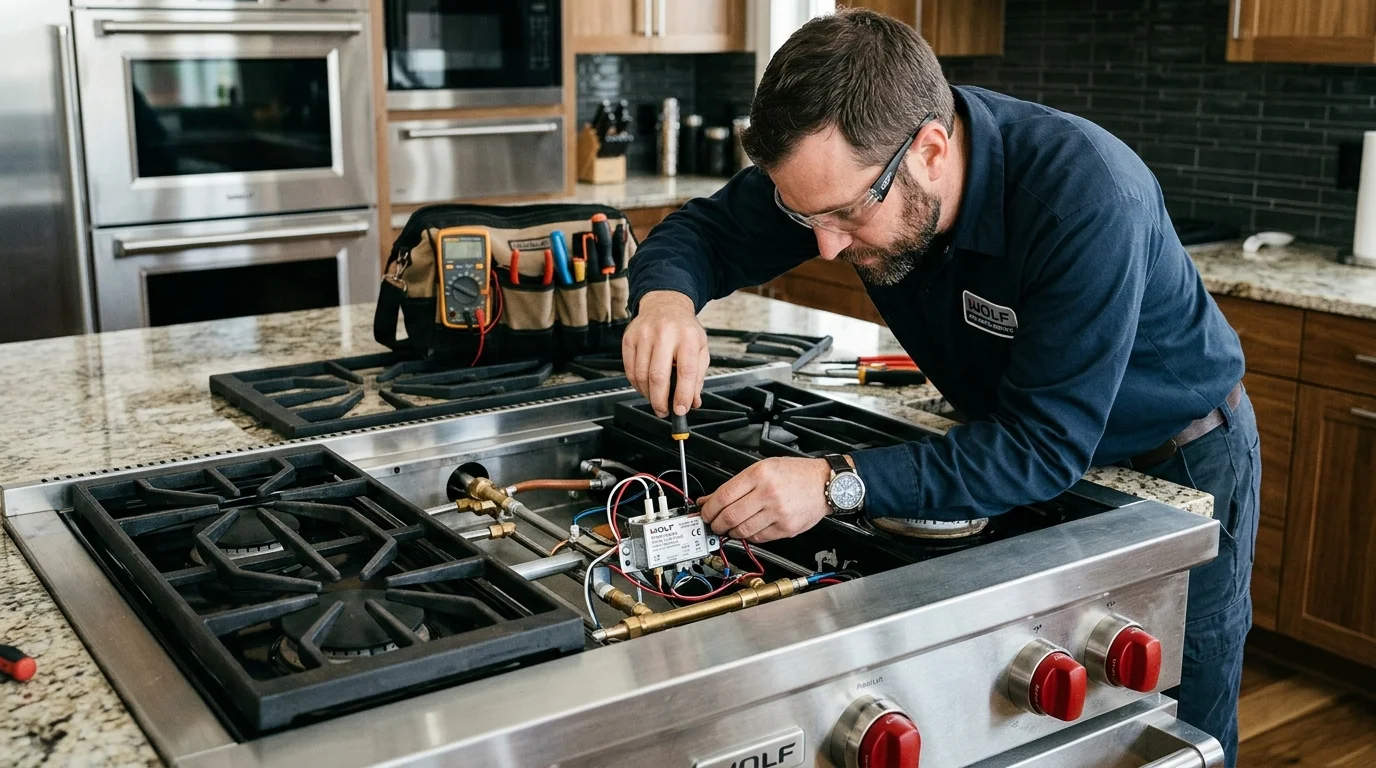 Wolf professional dual fuel range griddle and burners, technician performing final ignition test
